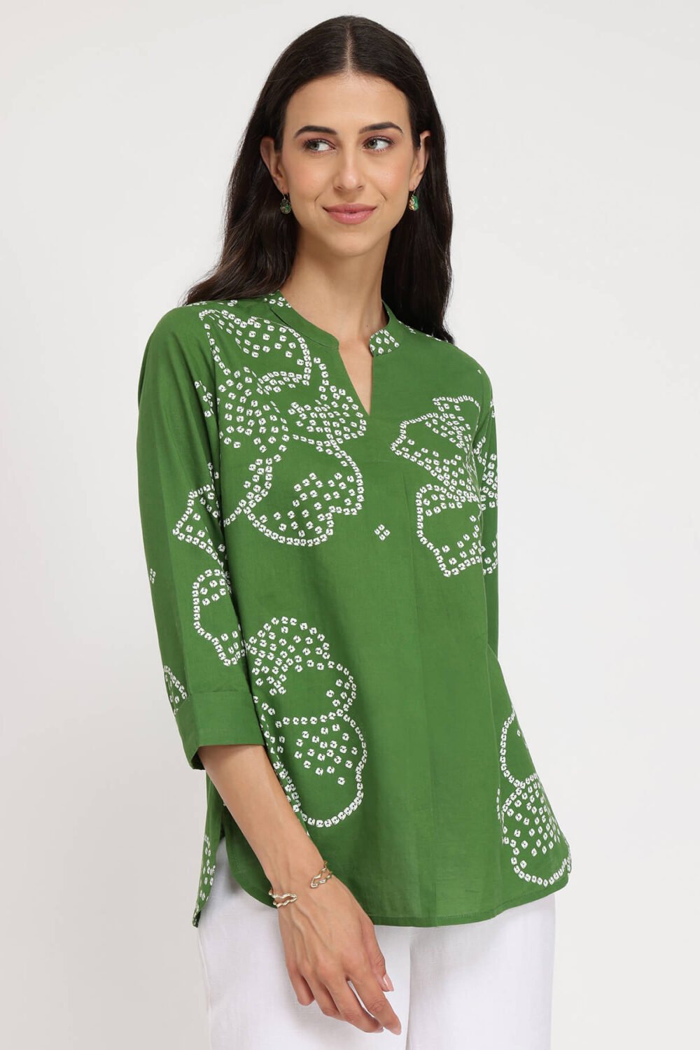 Cotton Bandhani Floral Pleated Top - Green
