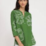 Cotton Bandhani Floral Pleated Top - Green