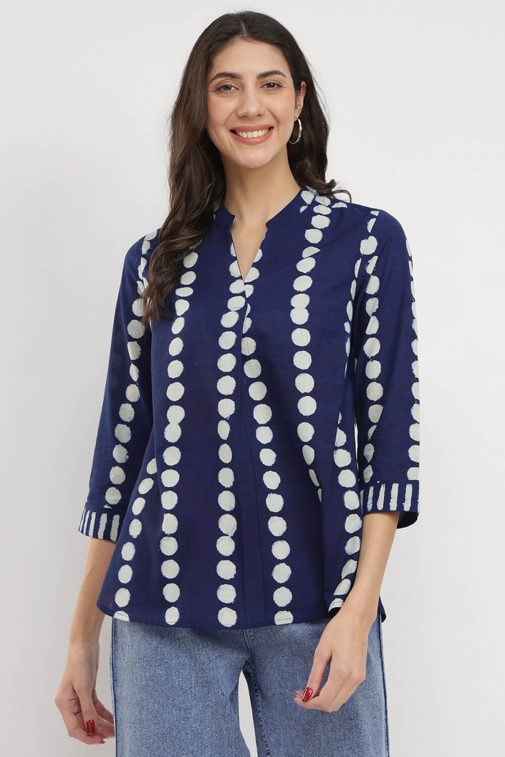 Cotton Dabu Polka Print Top - Indigo