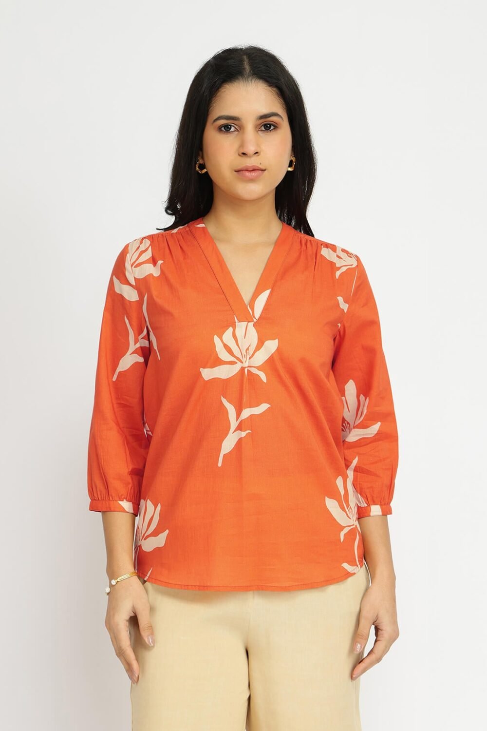 Cotton Floral V-Neck Top - Orange