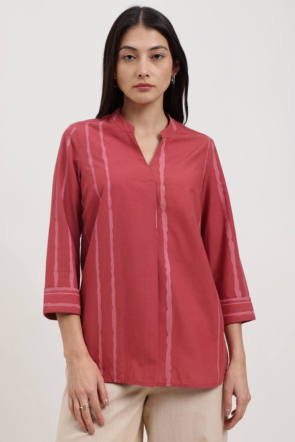 Cotton Striped Top - Maroon & Pink
