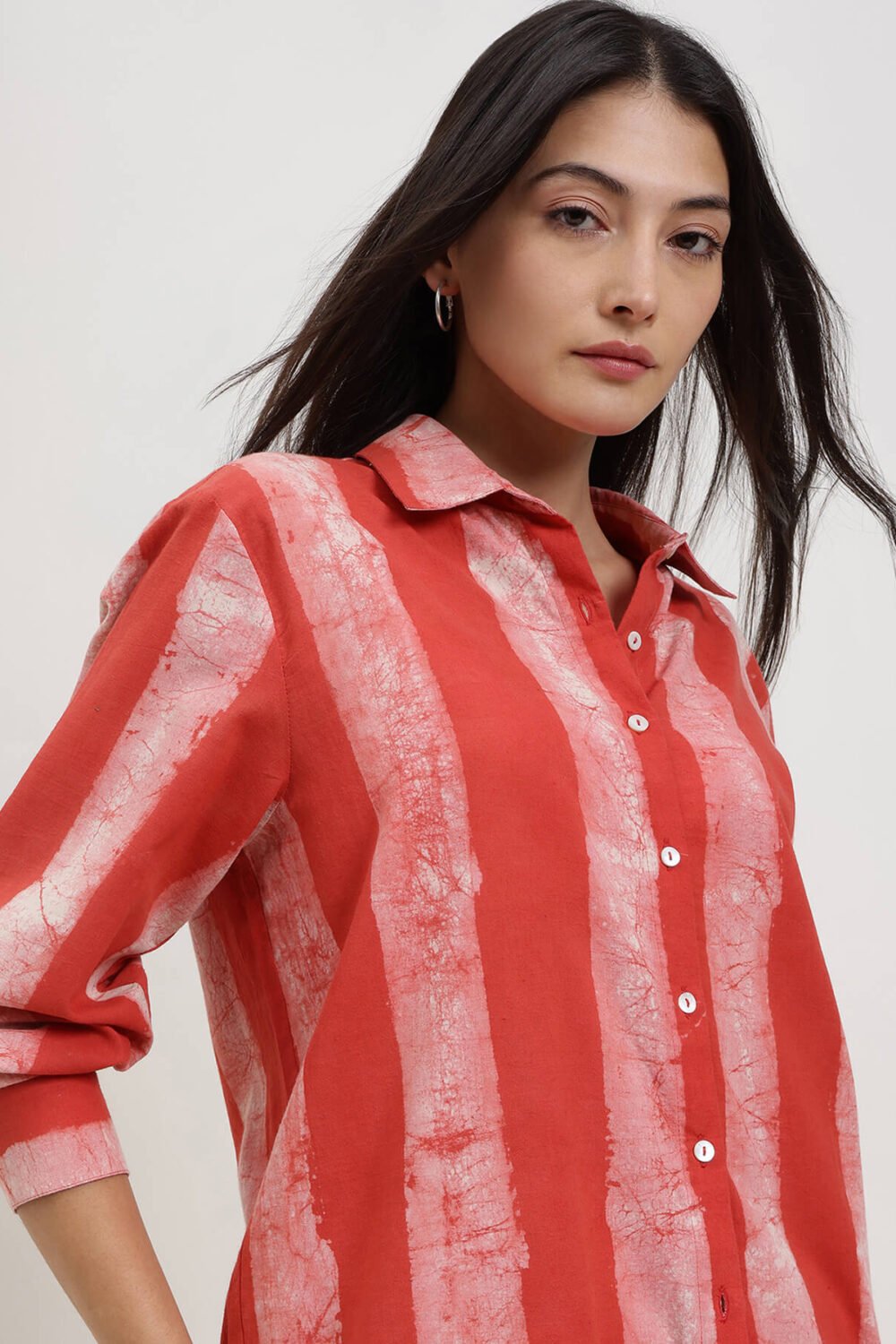 Cotton Dabu Striped Shirt - Red