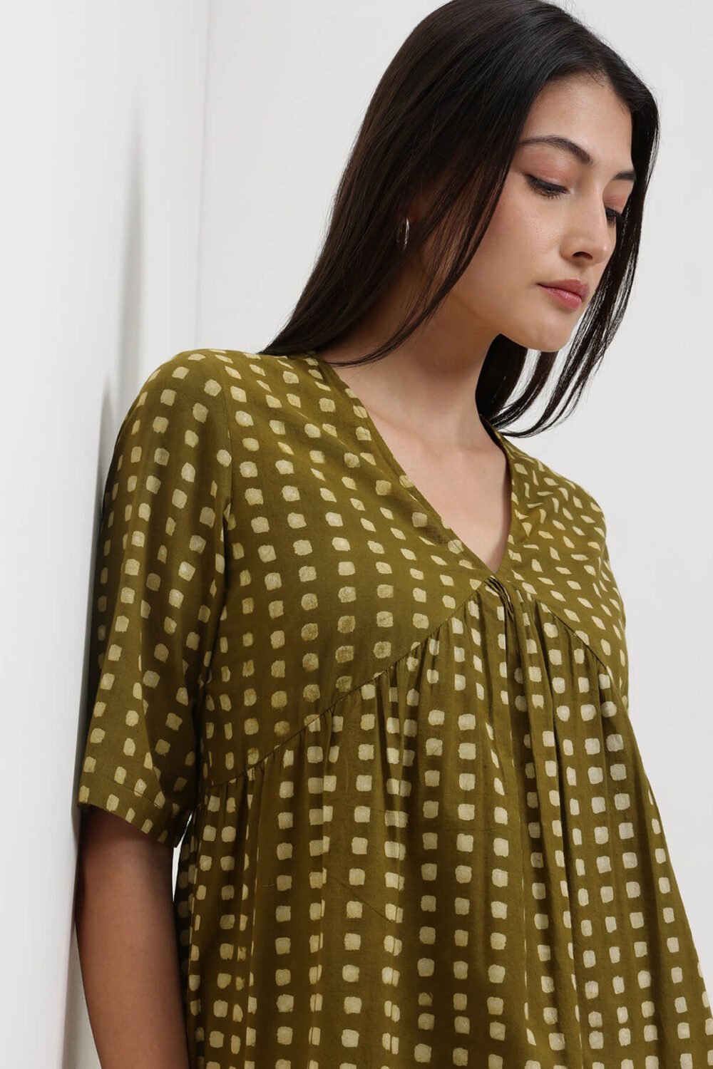 Cotton Dabu Geometric Print Top - Olive