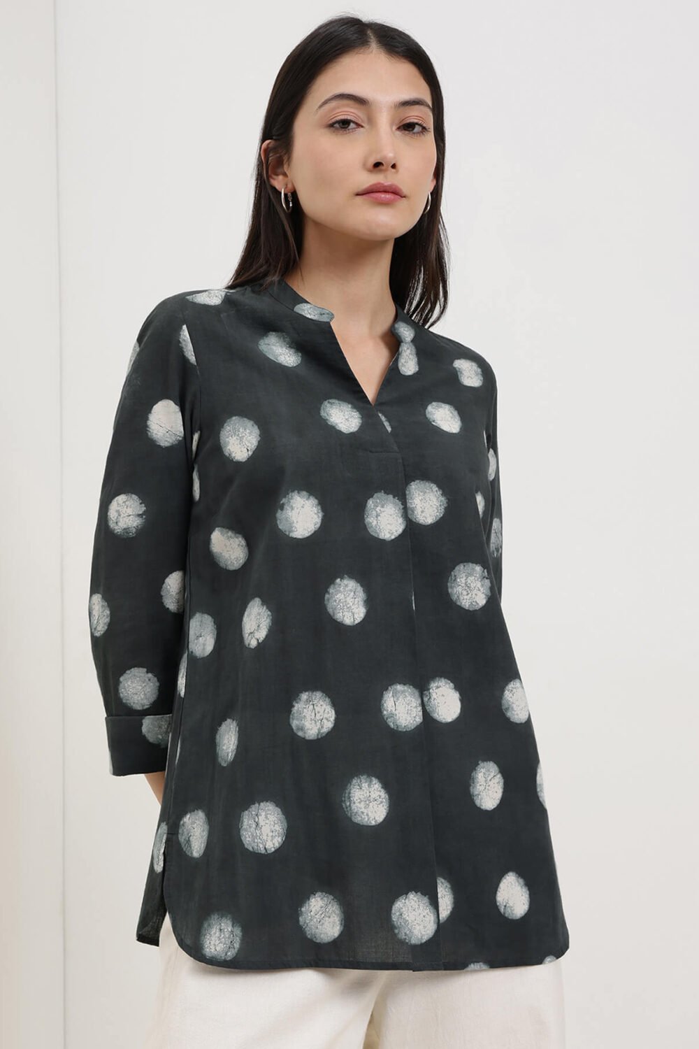 Cotton Dabu Polka Top - Black