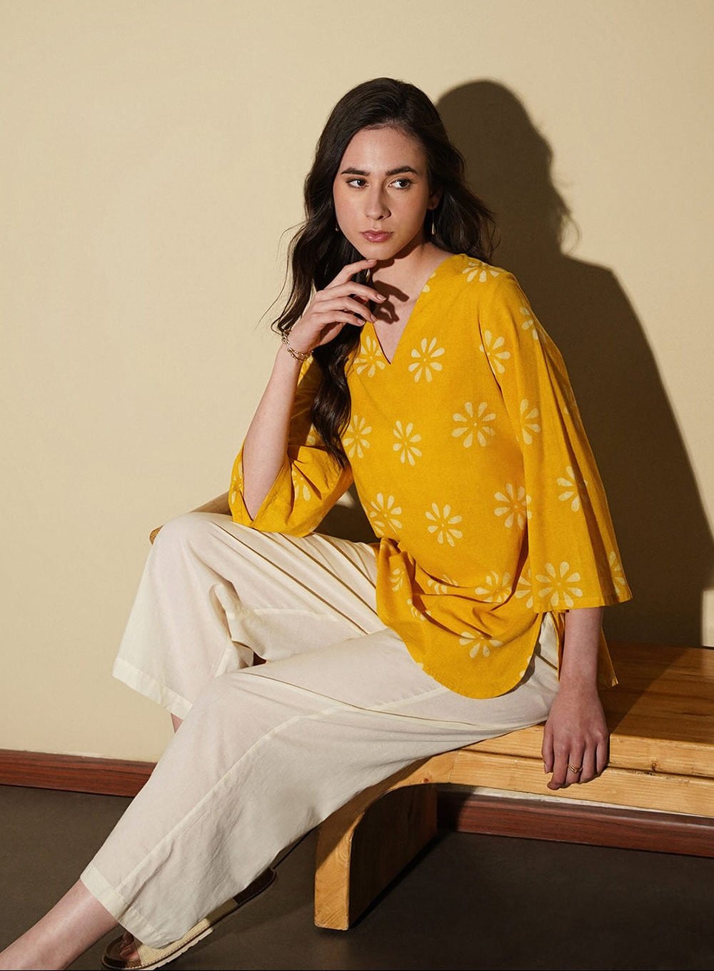 Cotton Dabu Floral Top - Yellow