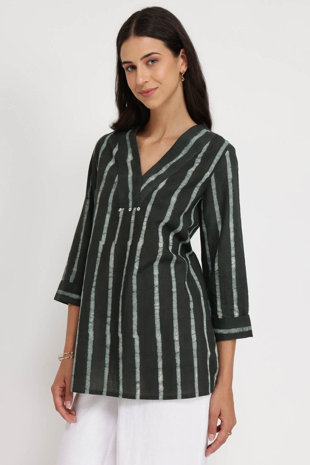 Cotton Dabu Striped Top - Black