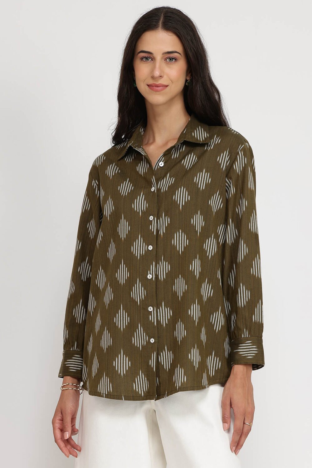 Cotton Ikat Full Sleeves Shirt - Olive