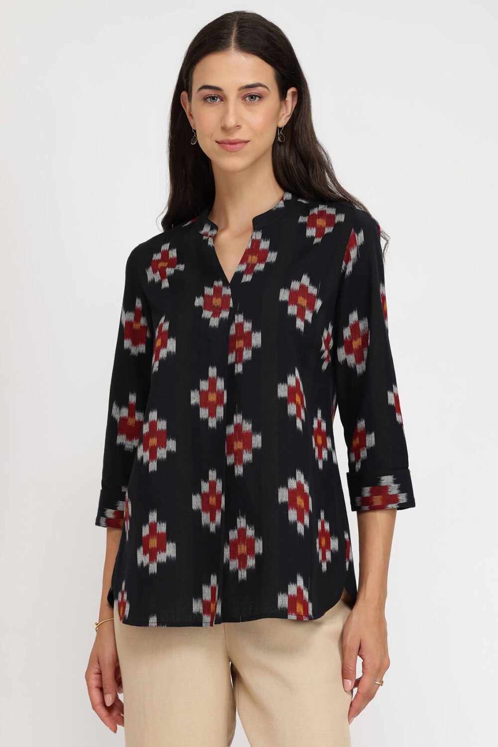 Cotton Ikat V-neck Top - Black