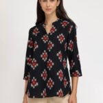Cotton Ikat V-neck Top - Black