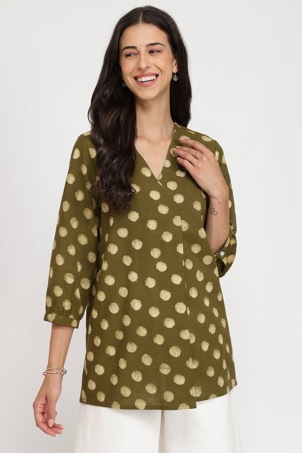 Cotton Dabu Polka Top - Olive