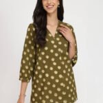 Cotton Dabu Polka Top - Olive