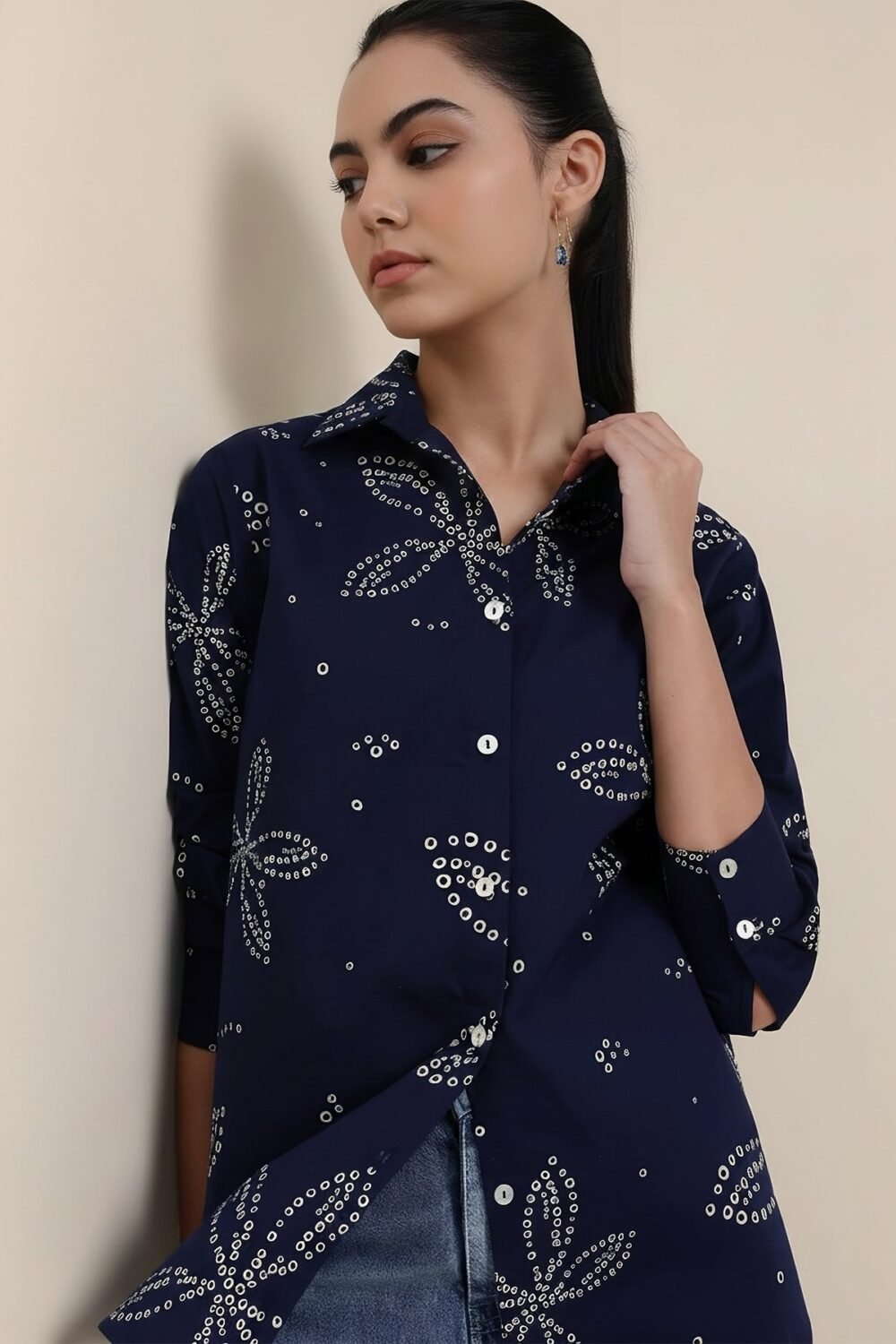 Cotton Bandhani Floral Shirt - Navy Blue