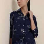 Cotton Bandhani Floral Shirt - Navy Blue