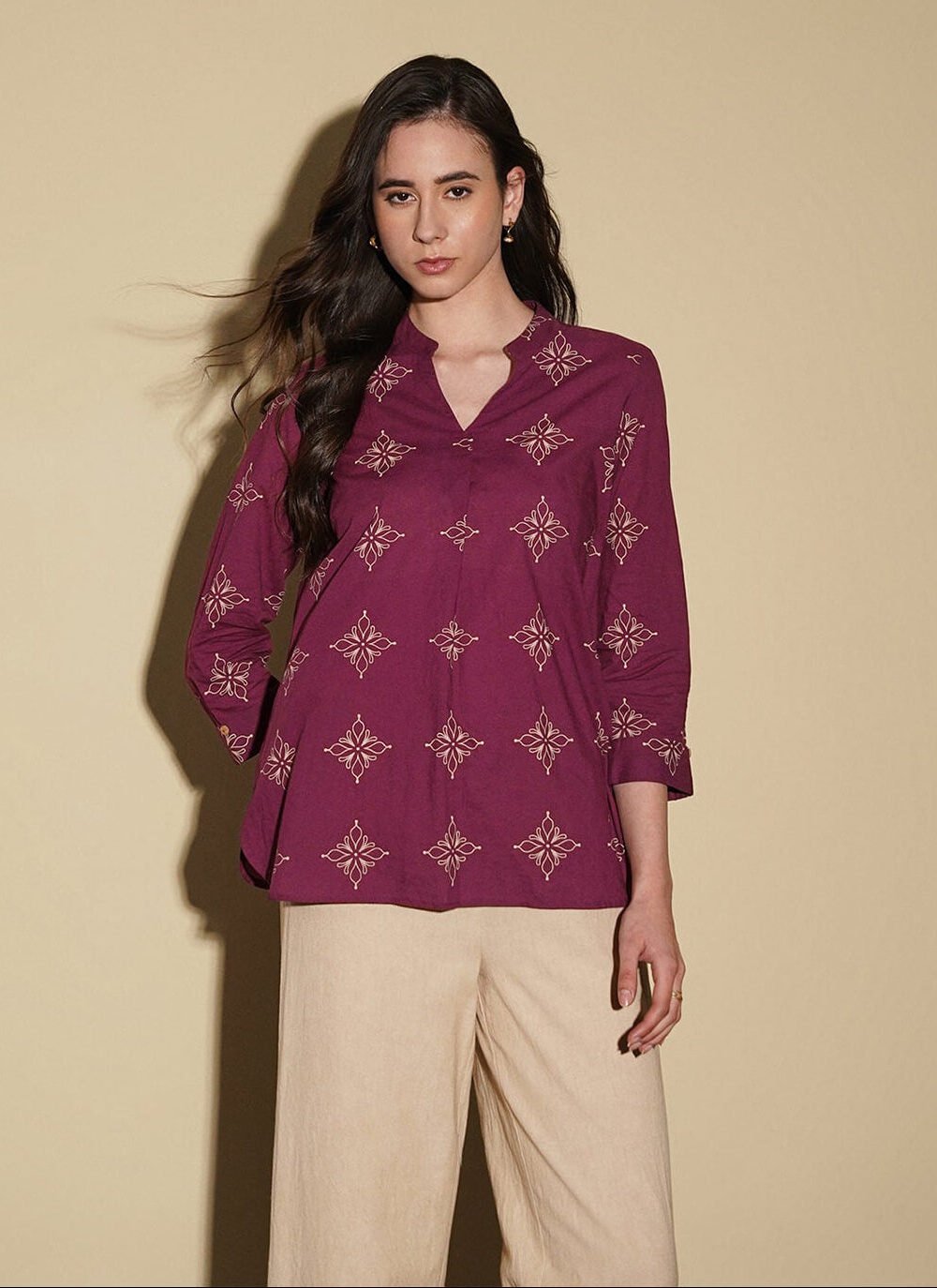 Cotton Floral Regular Top - Magenta
