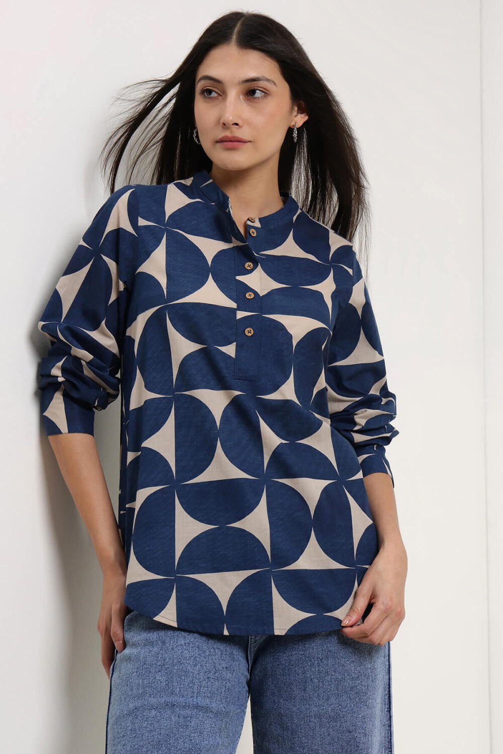 Cotton Geometric Top - Beige & Blue