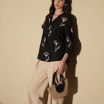Cotton Floral Regular Top - Black