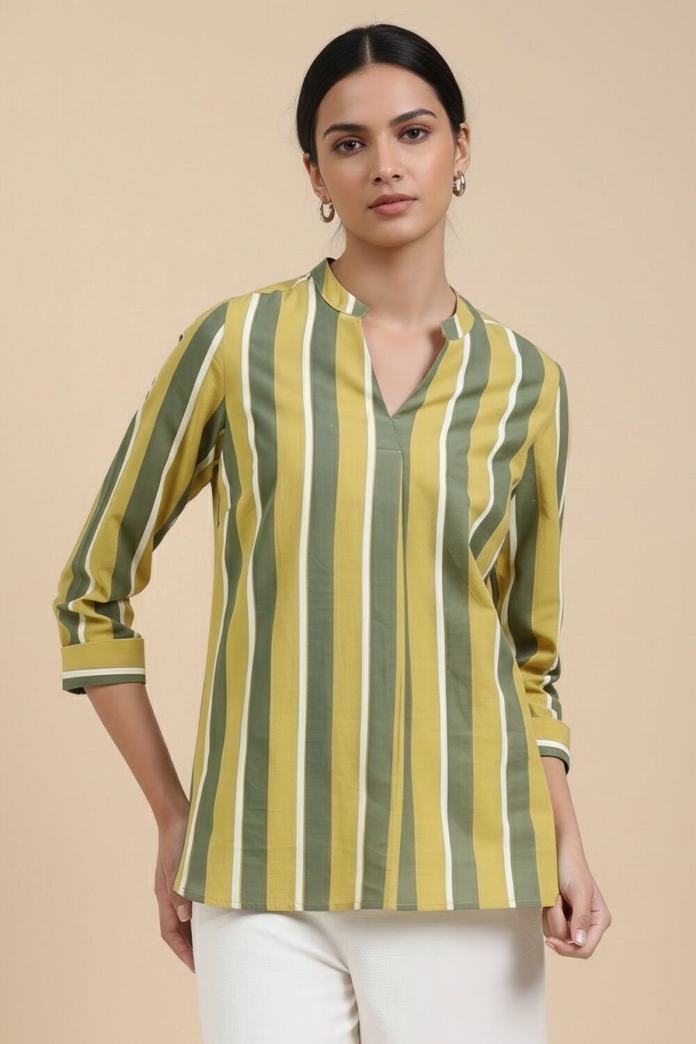 Cotton Striped Regular Top - Green