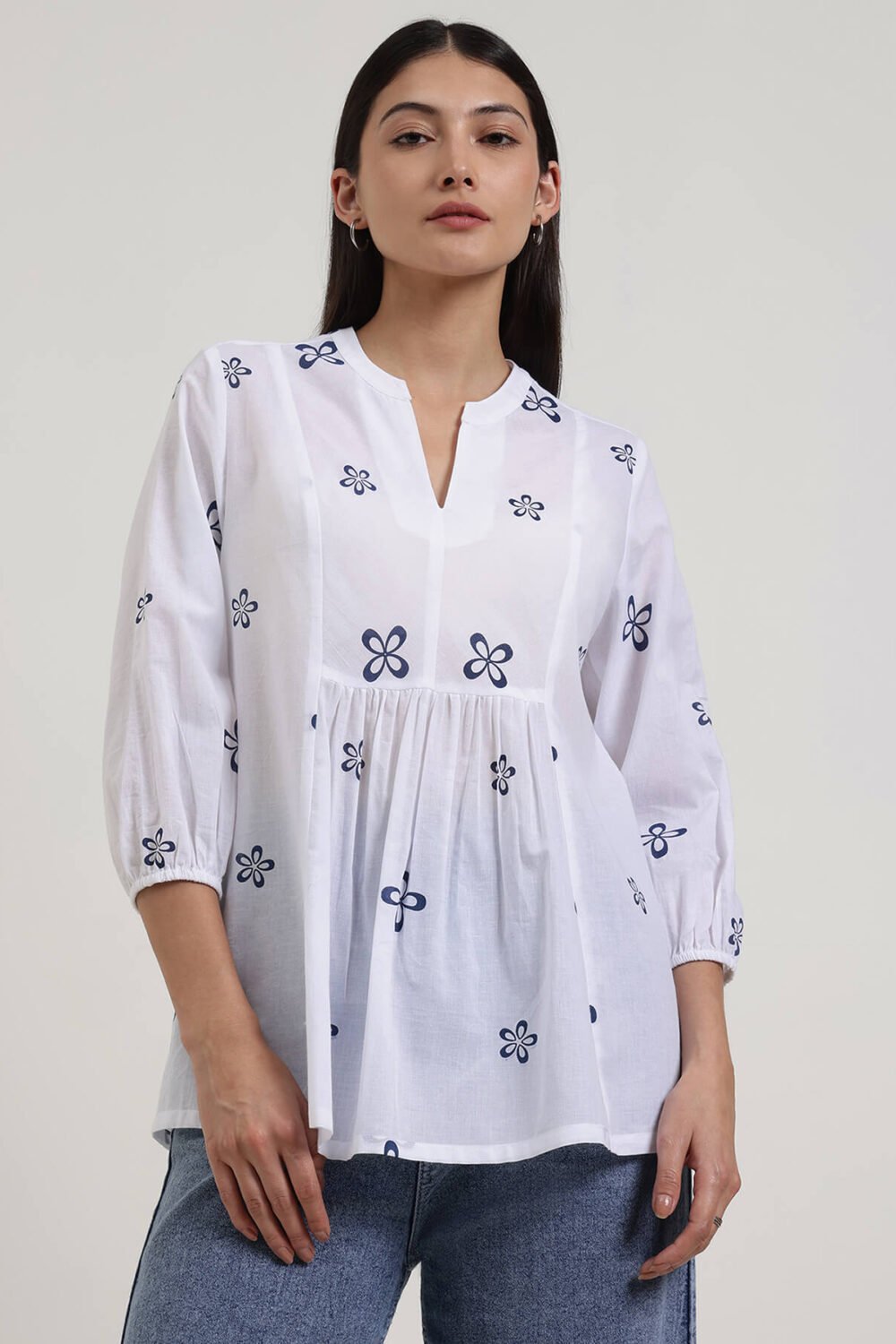 Cotton Floral A-Line Top - Off White