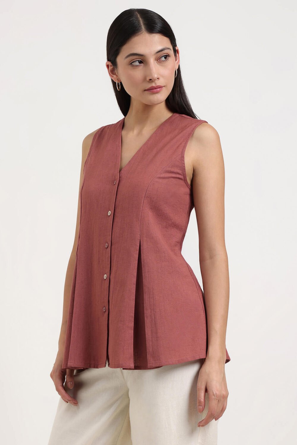 Linen Blend Solid Peplum Top - Rust