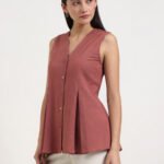 Linen Blend Solid Peplum Top - Rust