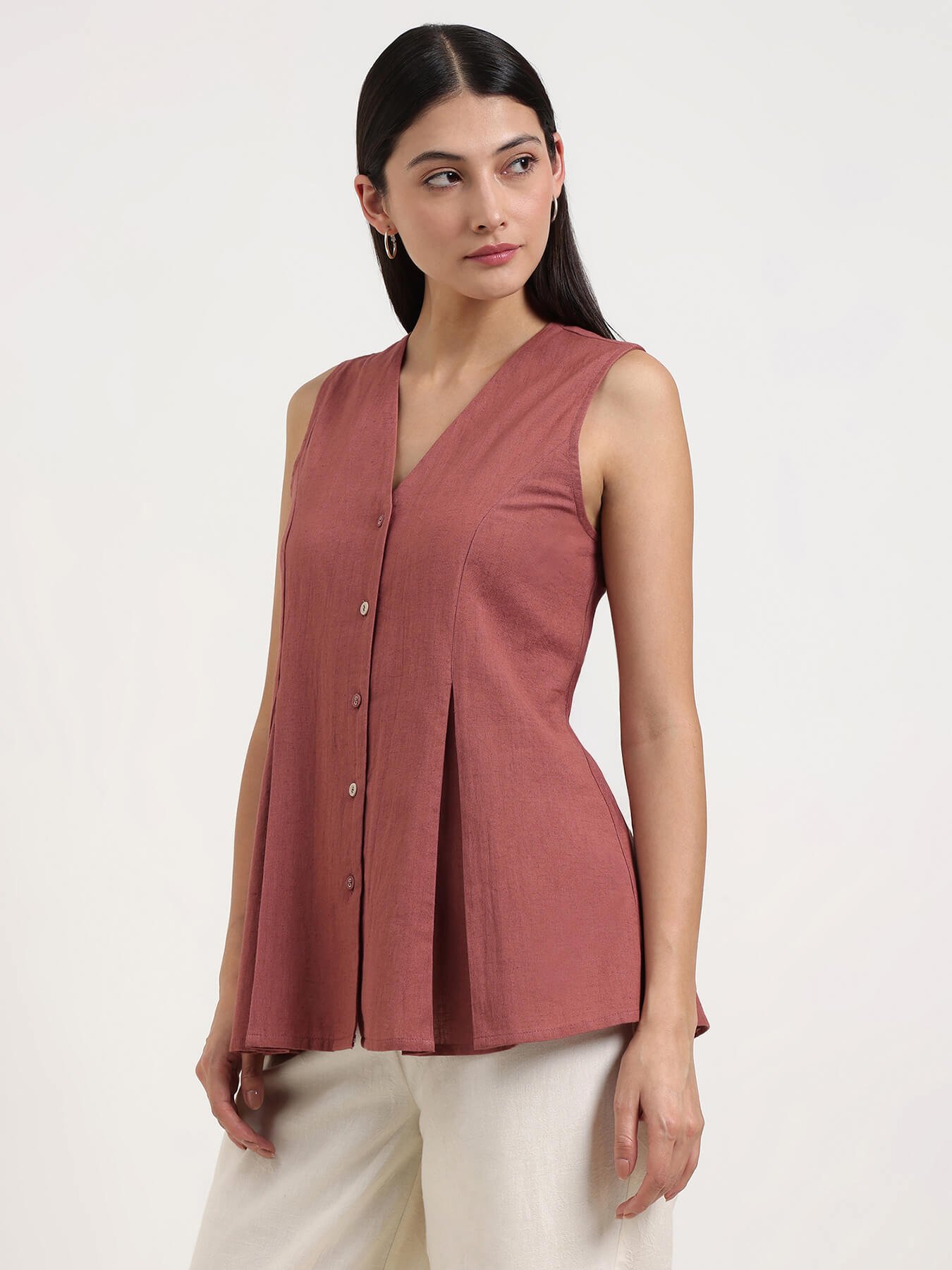 Linen Blend Solid Peplum Top - Rust