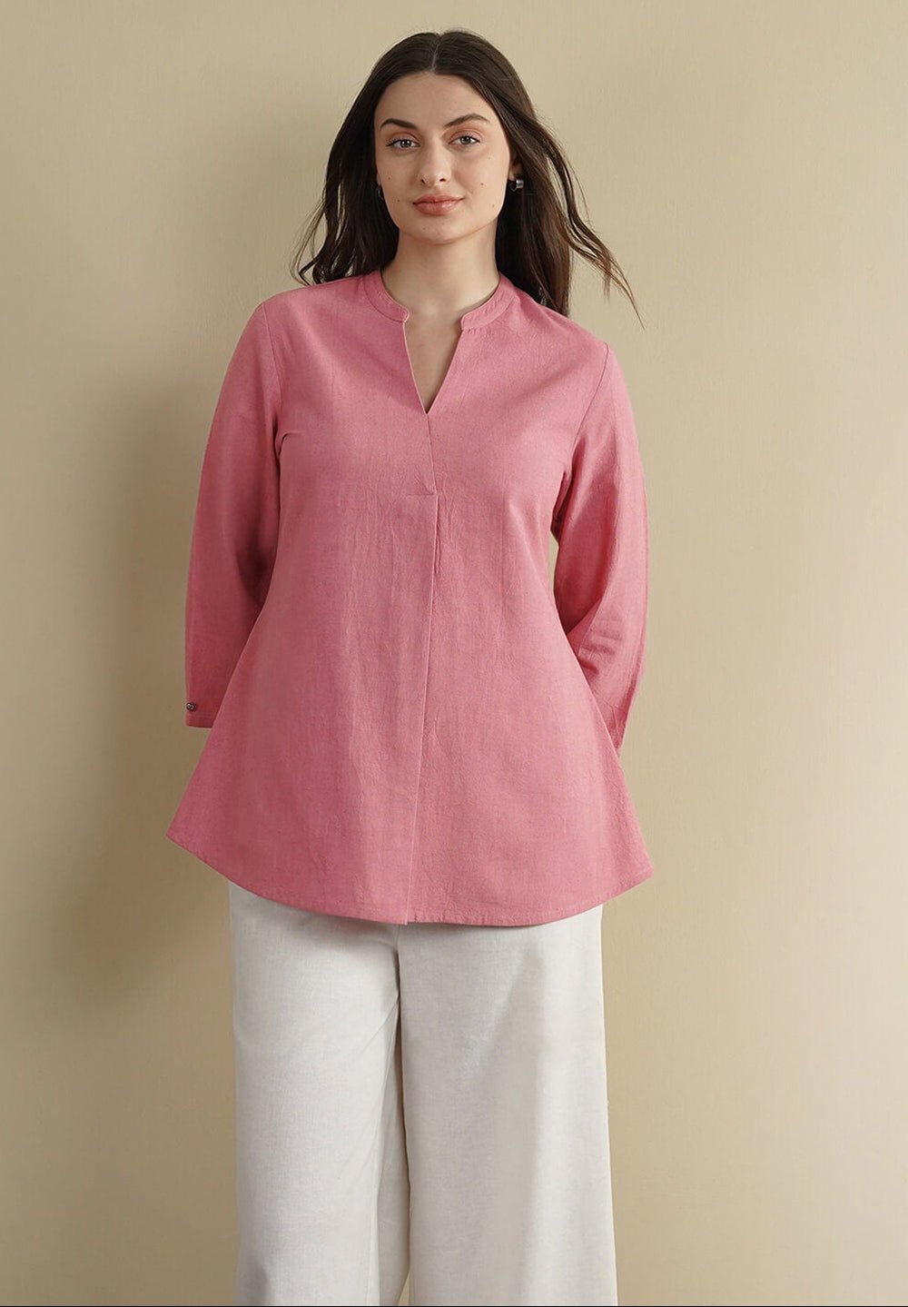 Linen Blend Solid Regular Top - Pink