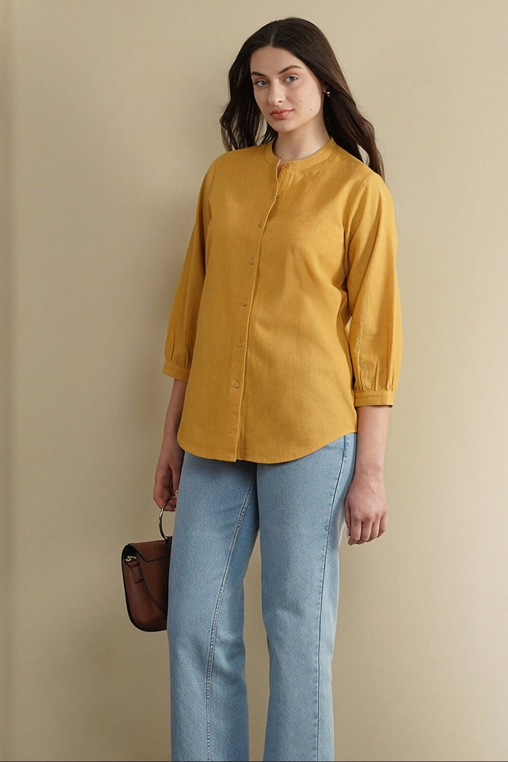 Linen Blend Solid Regular Top - Yellow