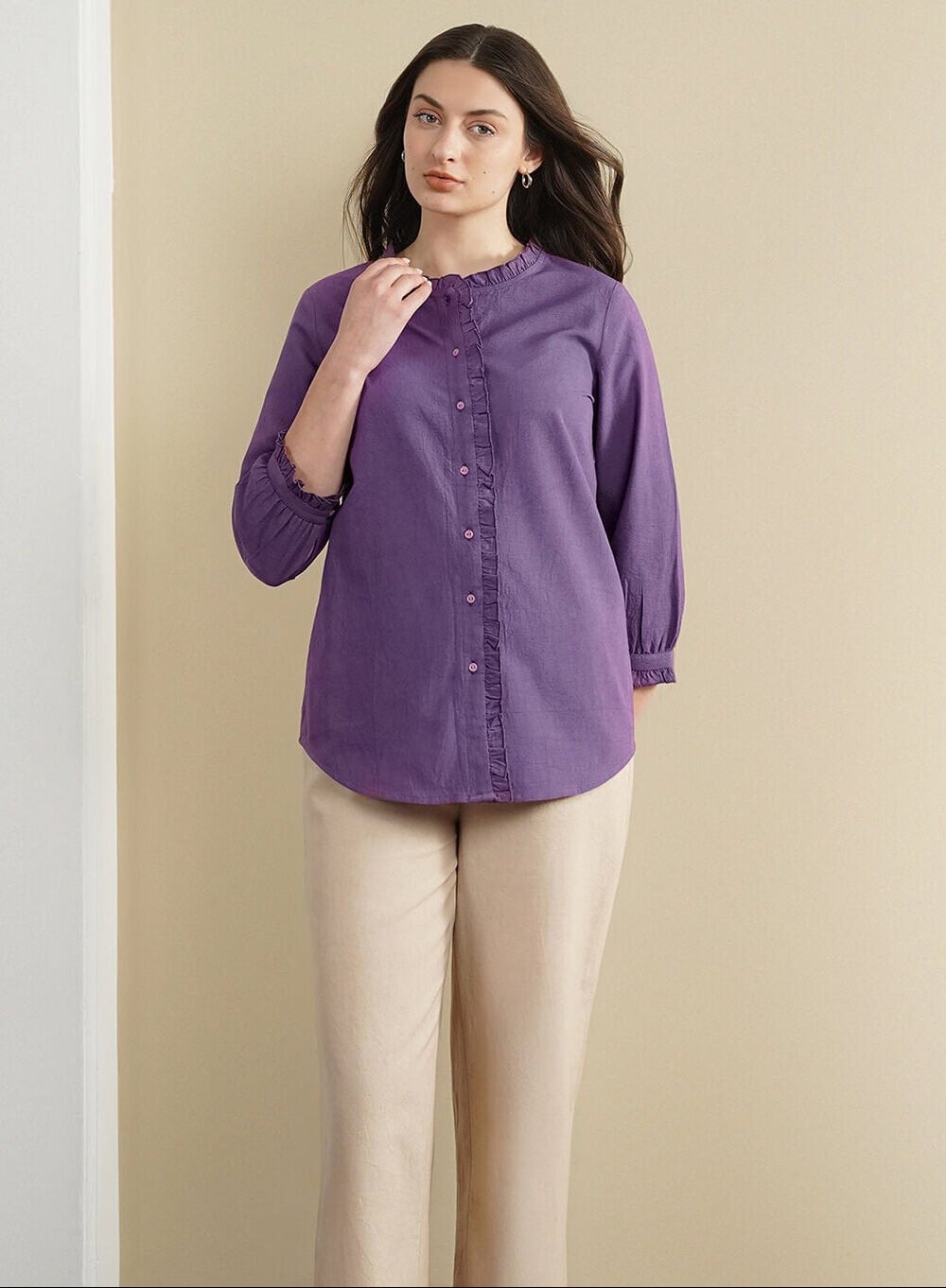 Linen Blend Solid Regular Top - Purple
