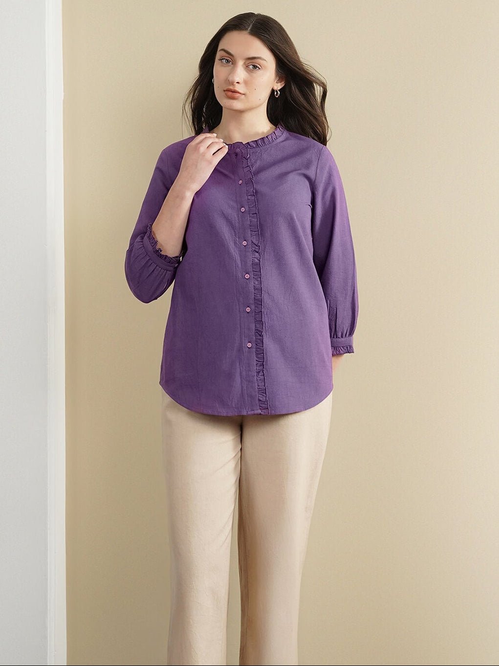 Linen Blend Solid Regular Top - Purple