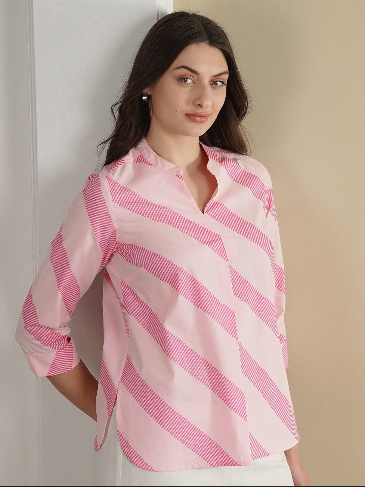 Cotton Striped Band Collar Top - Pink