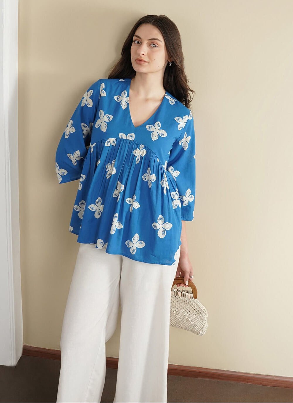 Cotton Floral Peplum Top - Blue