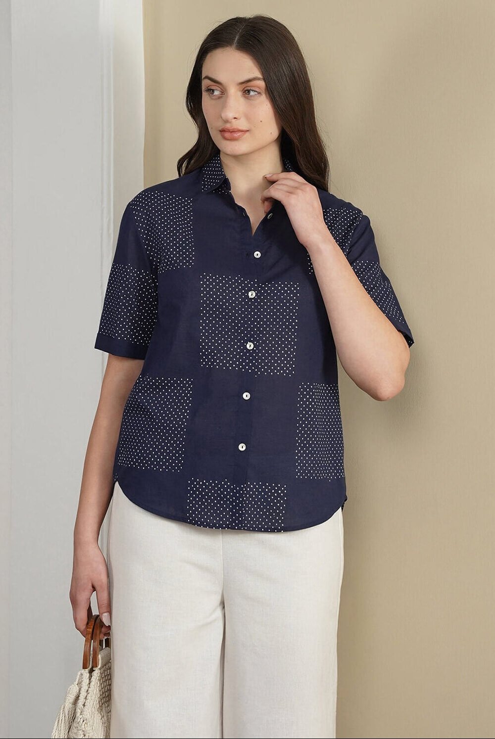 Cotton Geometric Shirt Style Top - Navy Blue