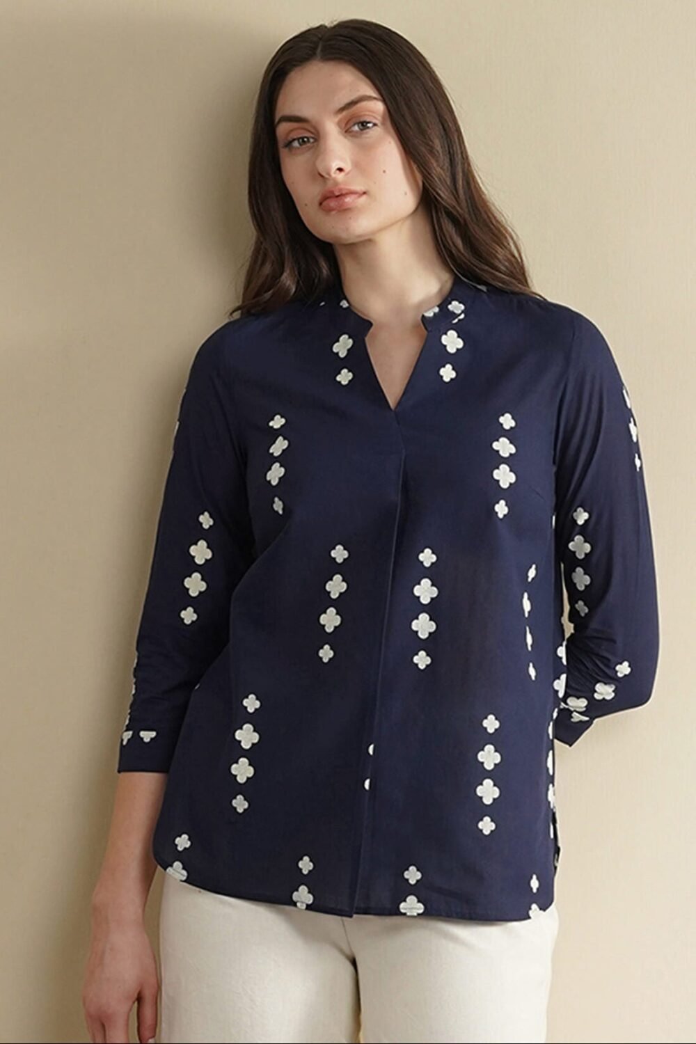 Cotton Geometric Band Collar Top - Navy Blue