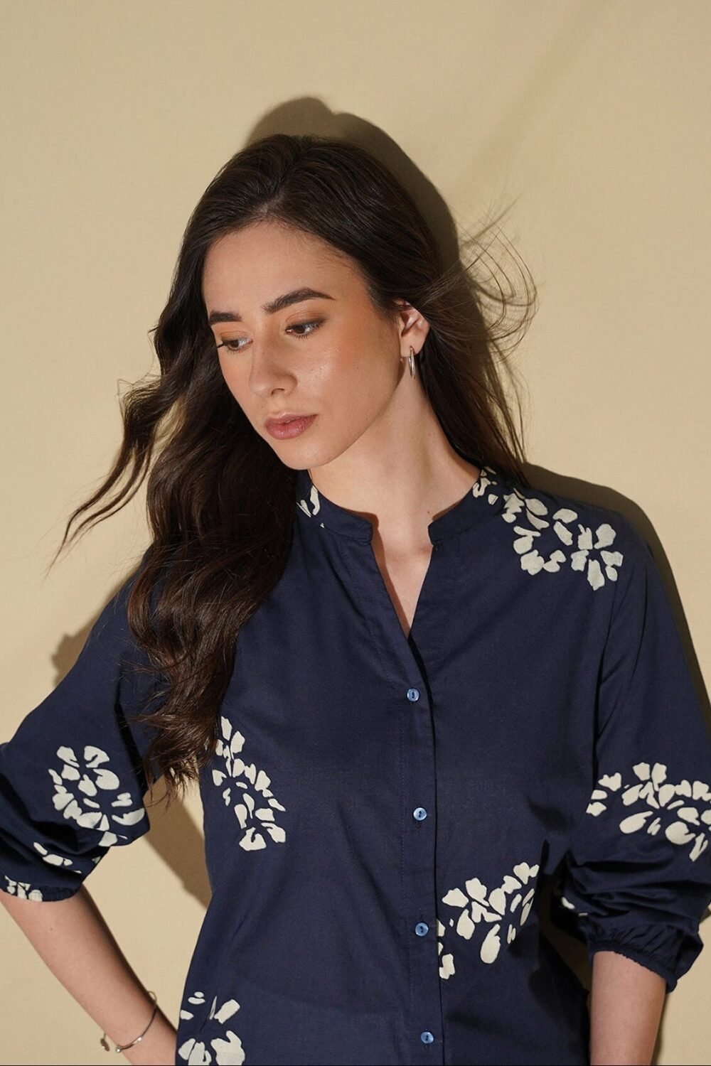 Cotton Floral Band Collar Top - Navy Blue