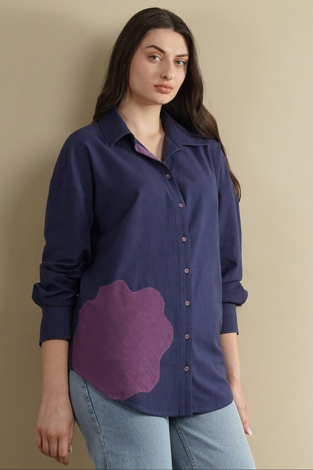Linen Blend Solid Regular Shirt - Navy Blue