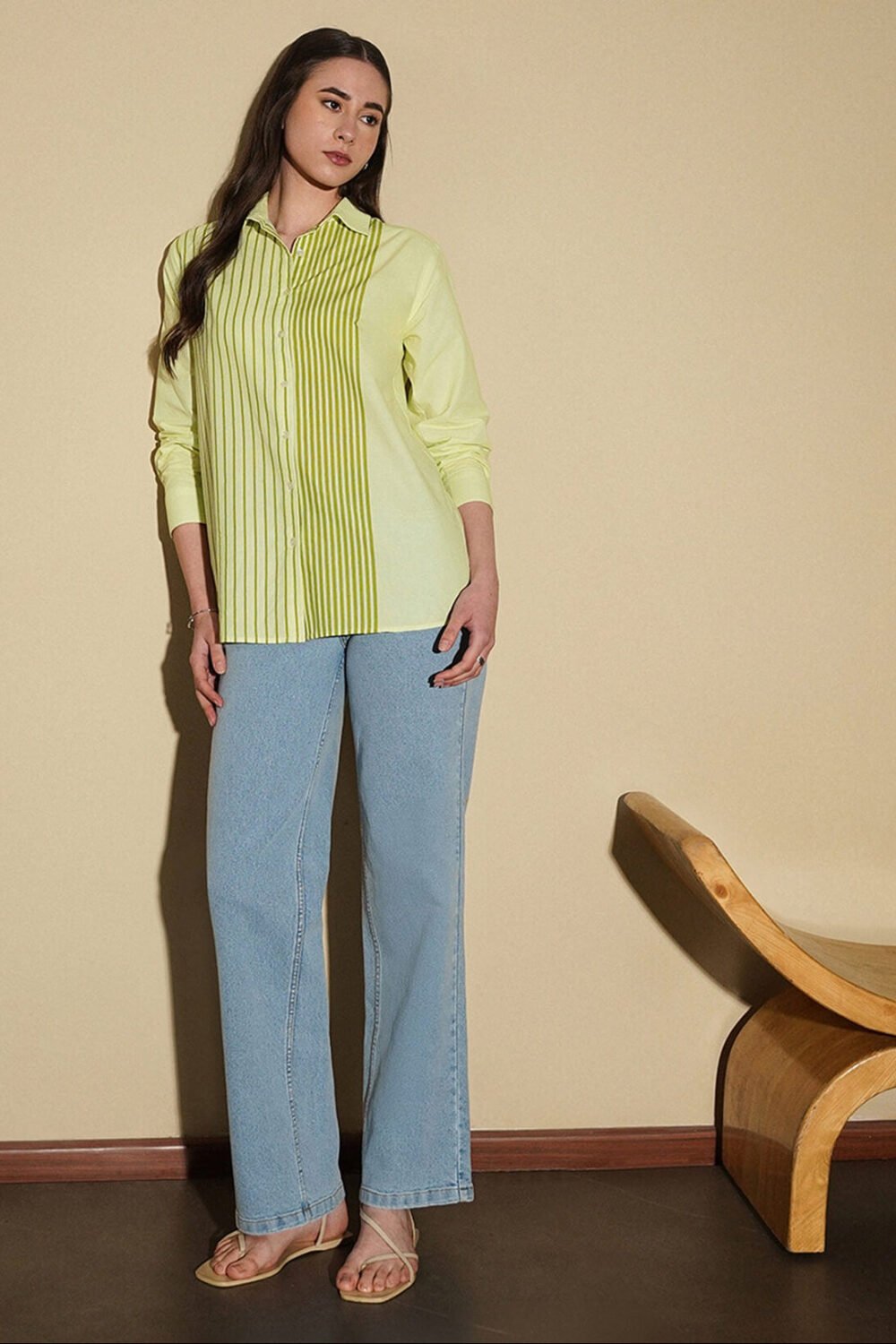 Cotton Placement Striped Shirt - Green