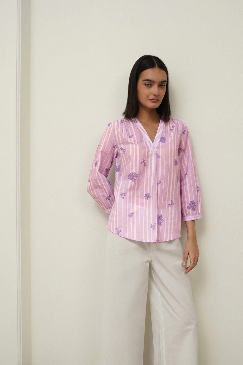 Cotton V-Neck Regular Top - Purple