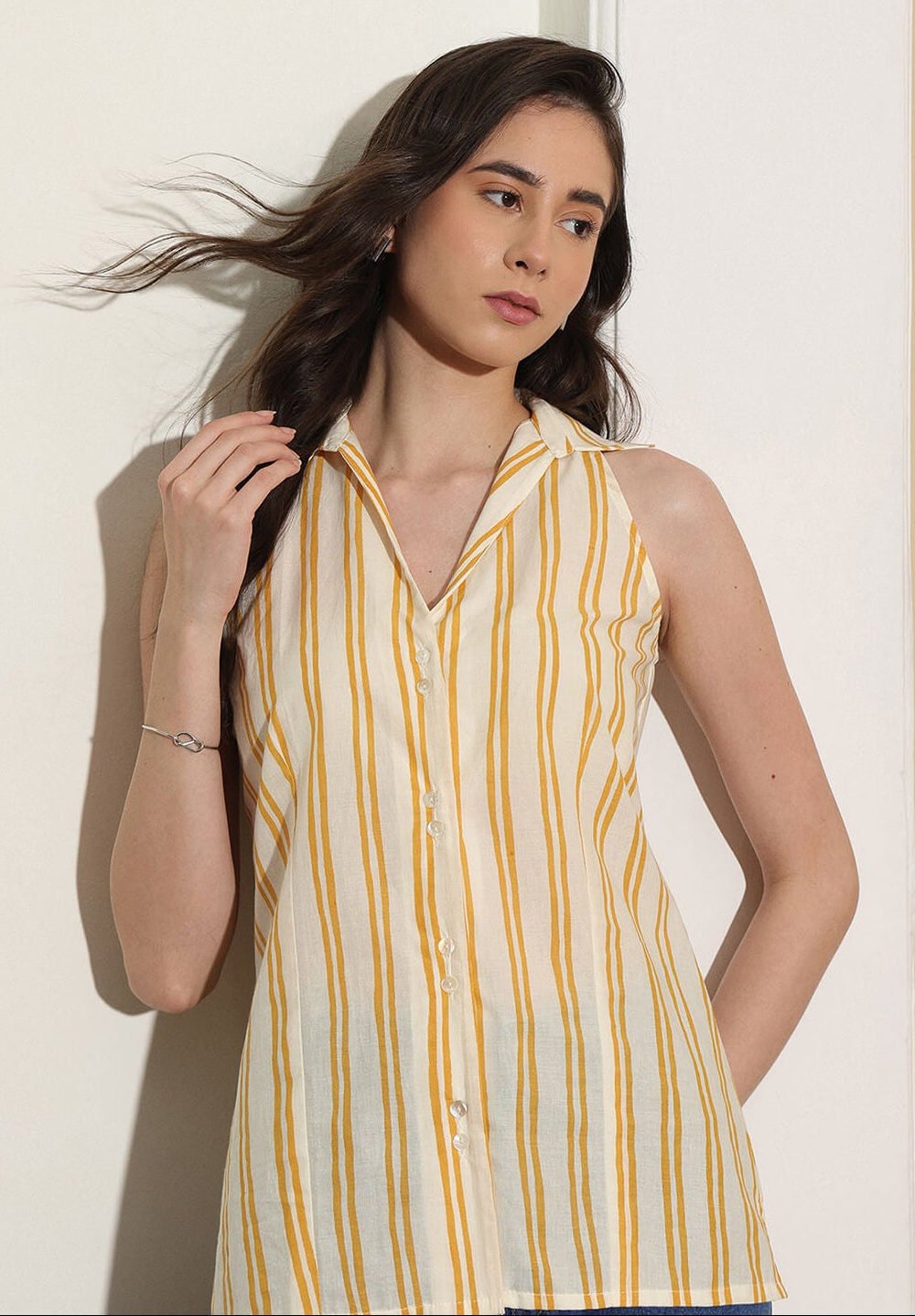 Cotton Striped Shirt Collar Top - Off White & Yellow