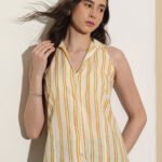Cotton Striped Shirt Collar Top - Off White & Yellow