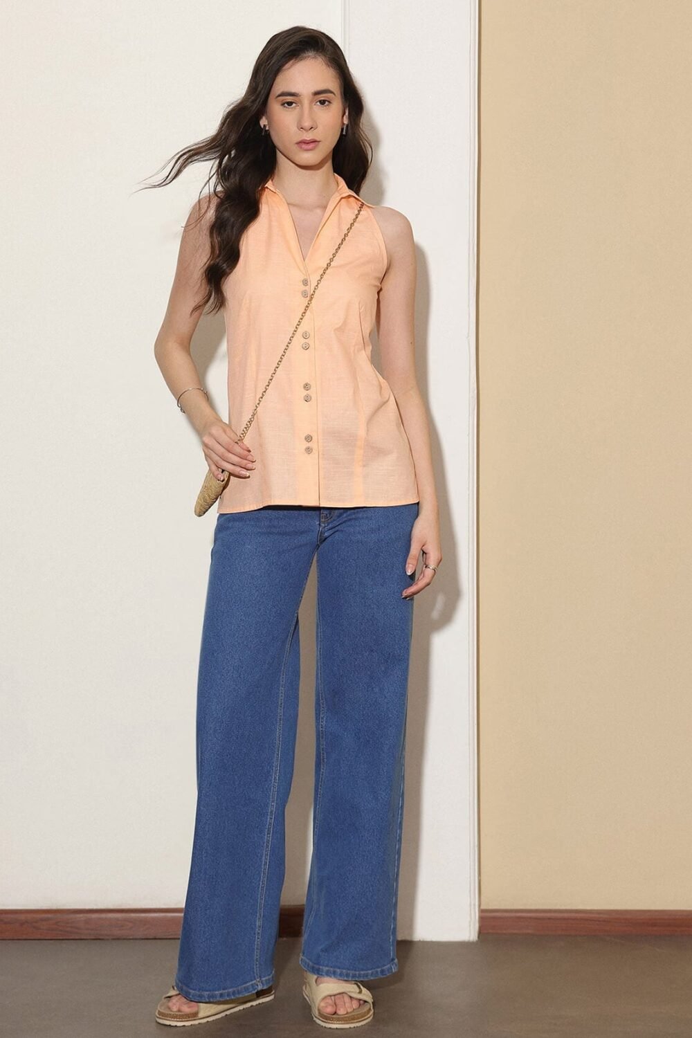 Cotton Solid Shirt Collar Top - Orange