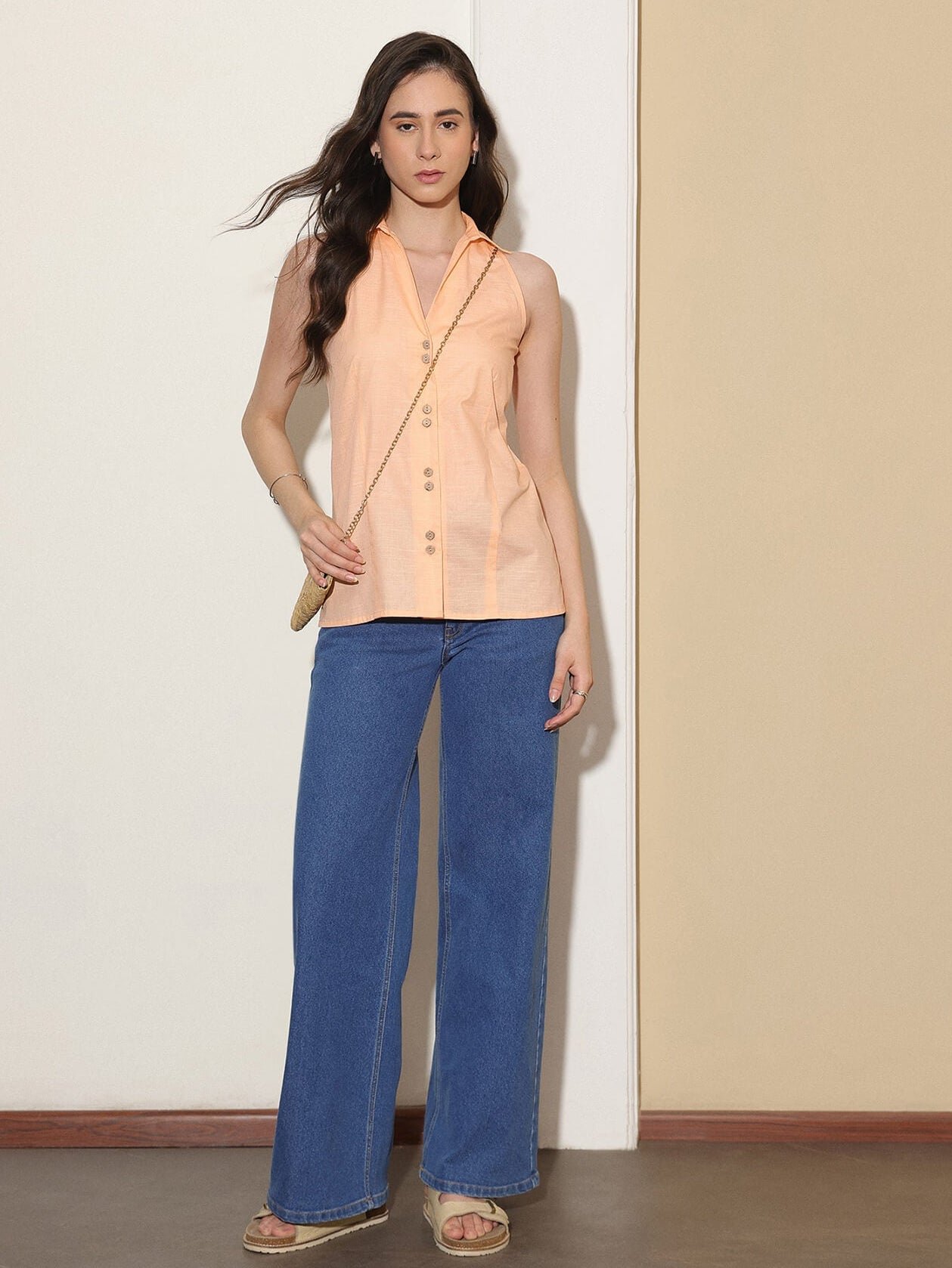 Cotton Solid Shirt Collar Top - Orange