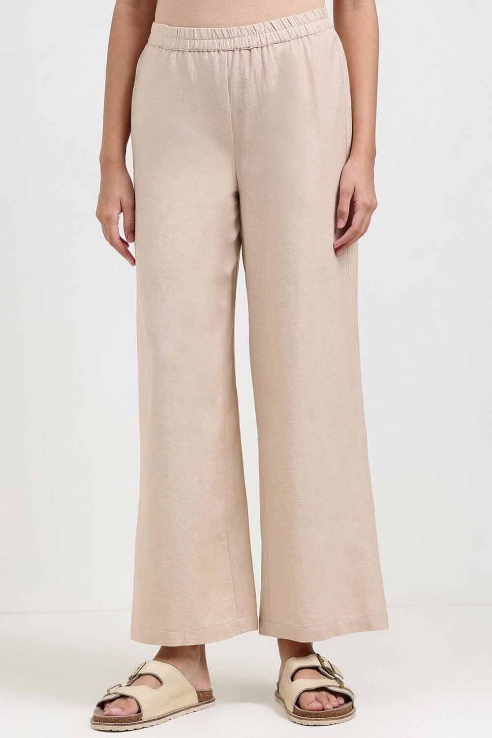 Linen Blend Solid Straight Trouser - Beige