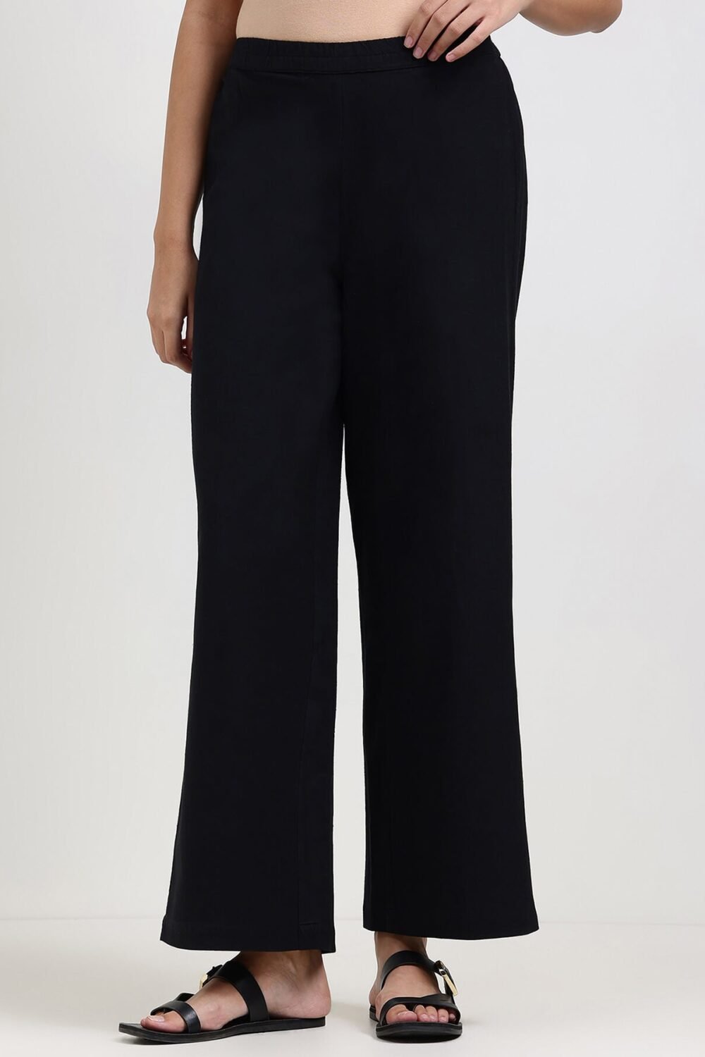 Linen Blend Solid Straight Trouser - Black