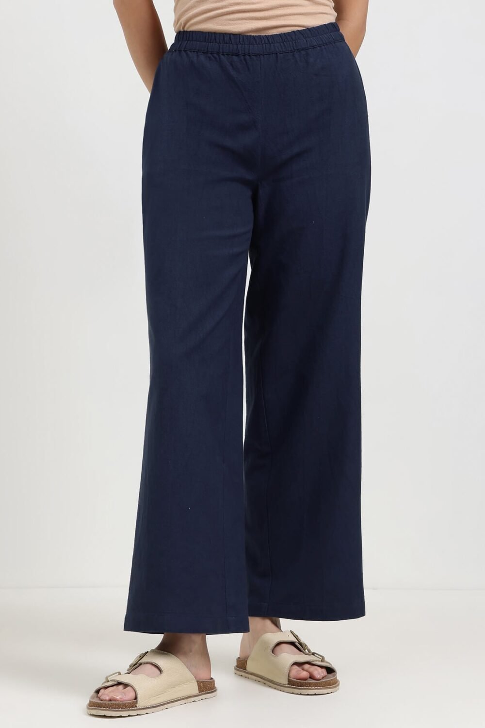 Linen Blend Solid Straight Trouser - Navy Blue