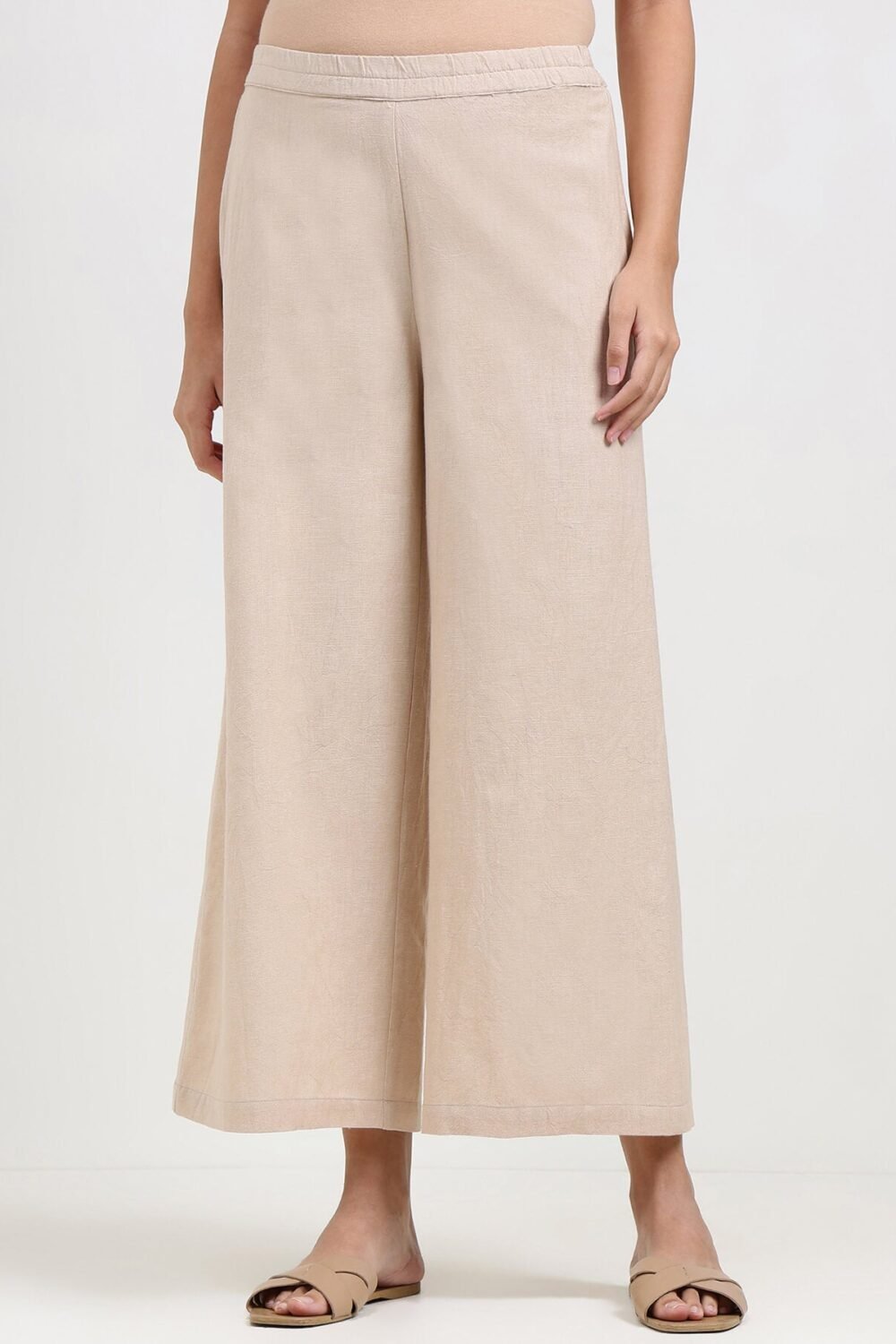 Linen Blend Solid Flared Culottes - Beige