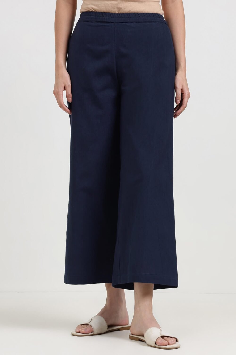 Linen Blend Solid Flared Culottes - Navy Blue