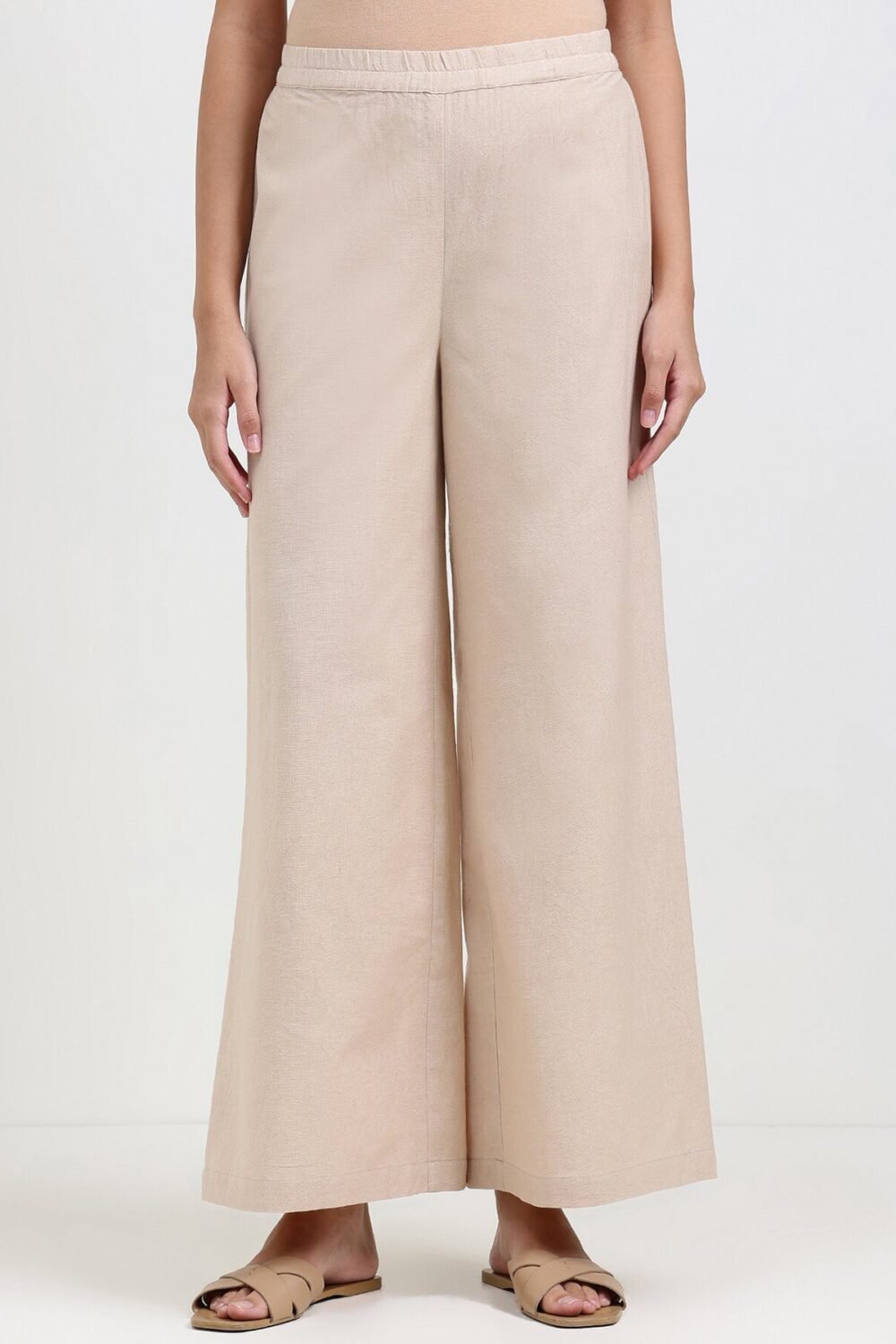 Linen Blend Solid Flared Trouser - Beige