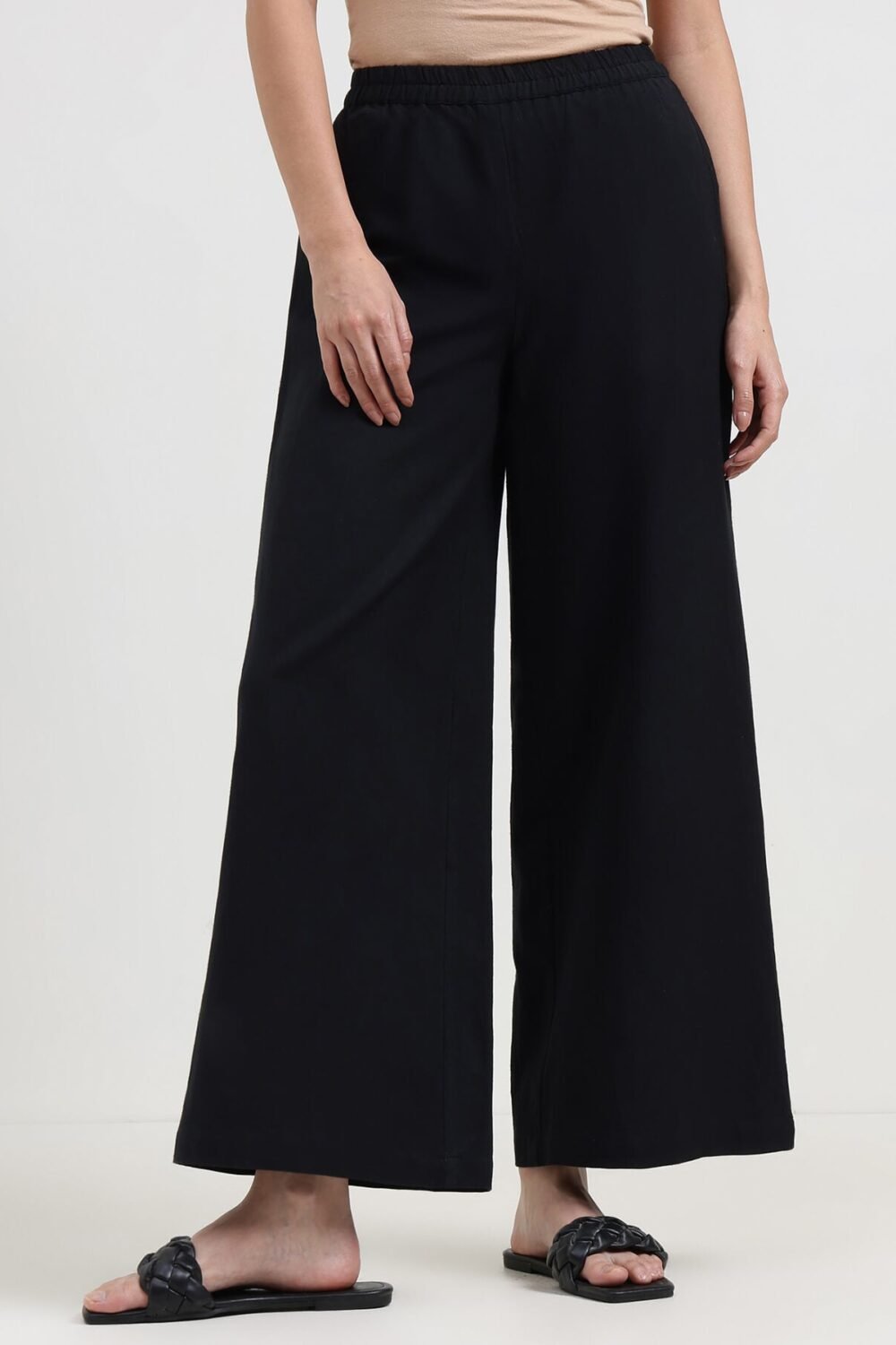 Linen Blend Solid Flared Trousers - Black