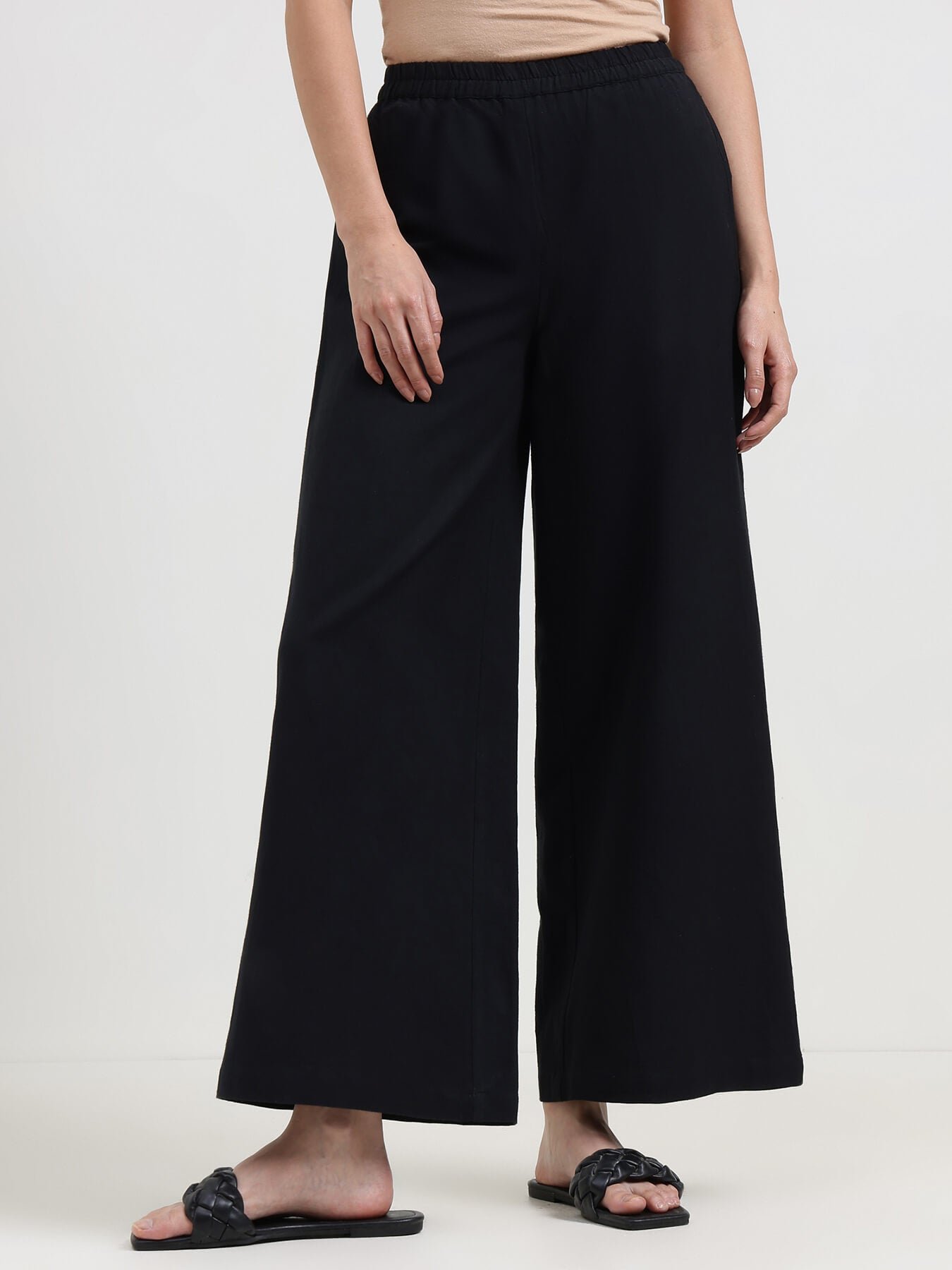 Linen Blend Solid Flared Trousers - Black