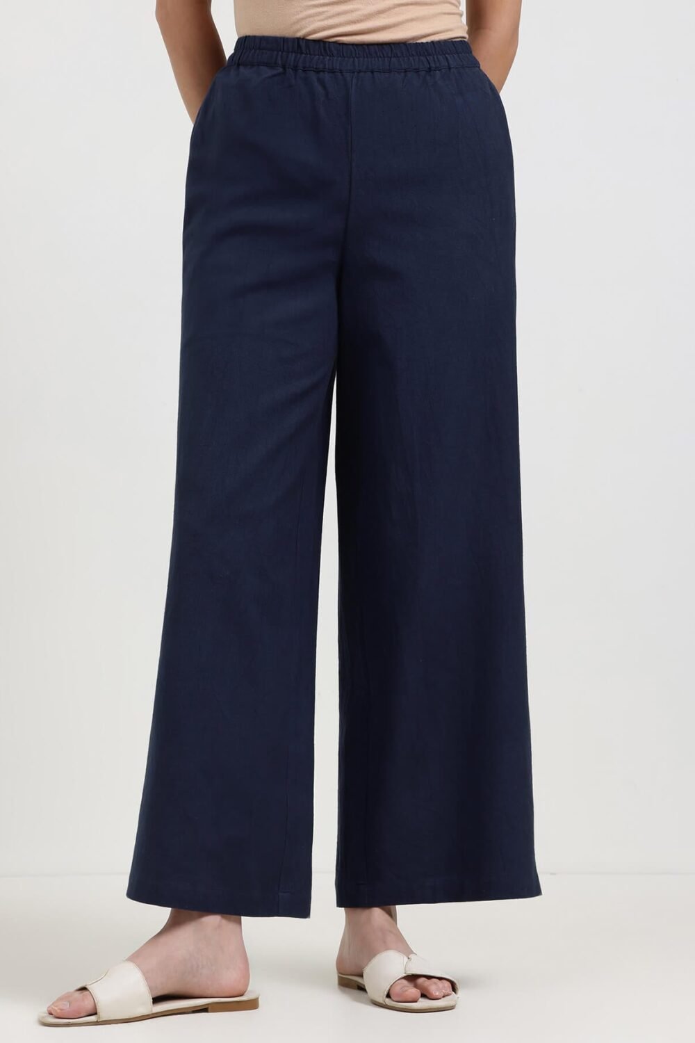 Linen Blend Solid Flared Trouser - Navy Blue
